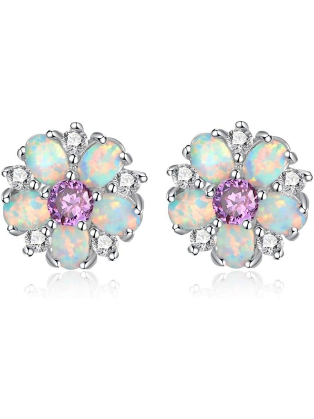 Elegant Flower Opal Stud Earrings in Sterling Silver or White Gold - Perfect
